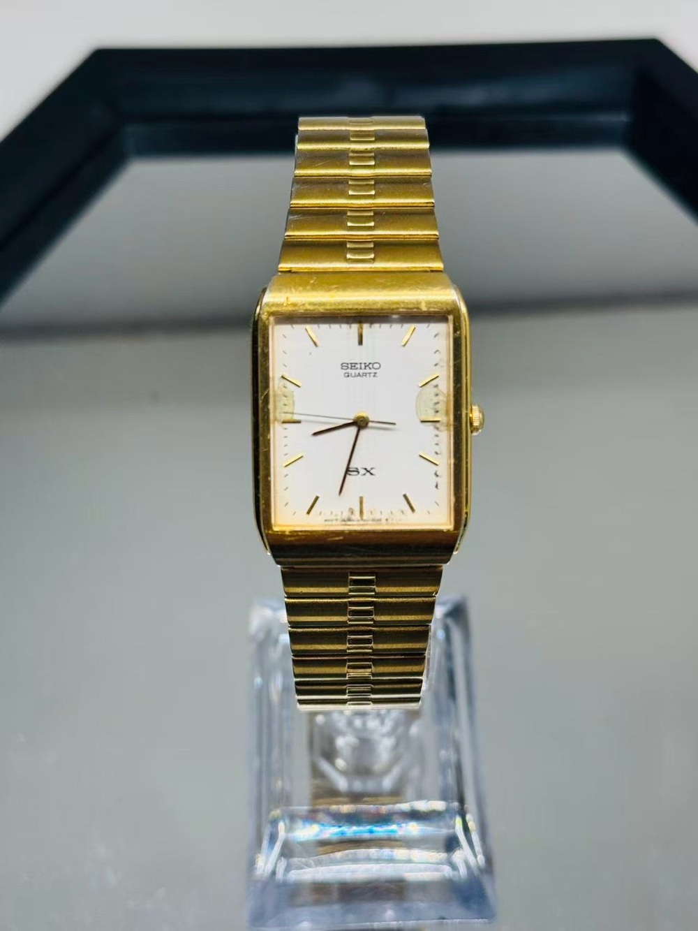 Vintage Seiko SX Quartz Gold Tone Rectangular Dress Men Watch Runs New Battery